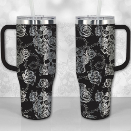 Sugar Skull and Roses Full Wrap Pattern  30oz or 40oz Tumbler with Handle, Best Gifts NVA