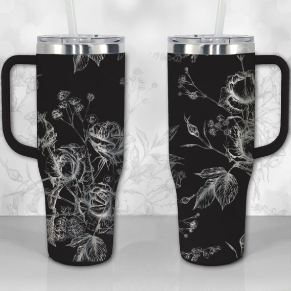 Wild Roses and Flowers Line Art Pattern  30oz or 40oz Tumbler with Handle, Best Gifts NVA