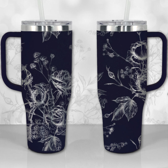 Wild Roses and Flowers Line Art Pattern  30oz or 40oz Tumbler with Handle, Best Gifts NVA