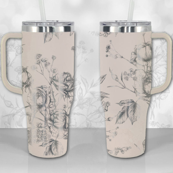 Wild Roses and Flowers Line Art Pattern  30oz or 40oz Tumbler with Handle, Best Gifts NVA