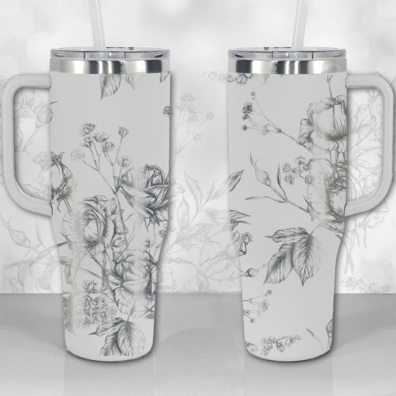 Wild Roses and Flowers Line Art Pattern  30oz or 40oz Tumbler with Handle, Best Gifts NVA