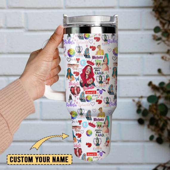 Karol G Singer Anime Custom  Quencher 30oz or 40oz Stainless Steel Tumbler With Handle,  Best gifts for Friend Family NVA