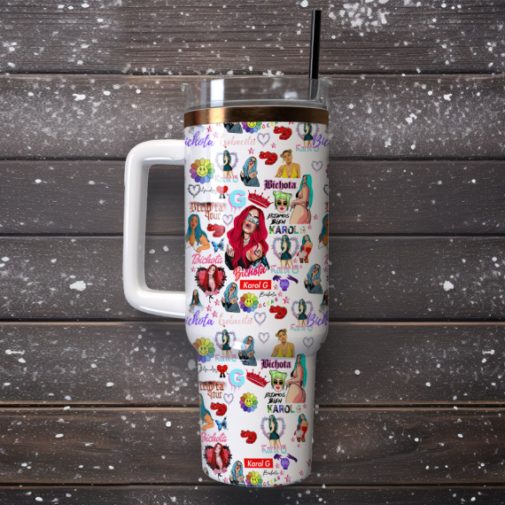 Karol G Singer Anime Custom  Quencher 30oz or 40oz Stainless Steel Tumbler With Handle,  Best gifts for Friend Family NVA