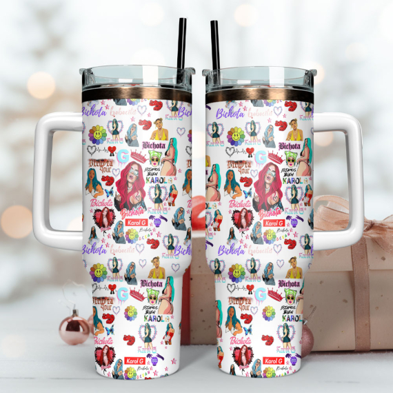 Karol G Singer Anime Custom  Quencher 30oz or 40oz Stainless Steel Tumbler With Handle,  Best gifts for Friend Family NVA