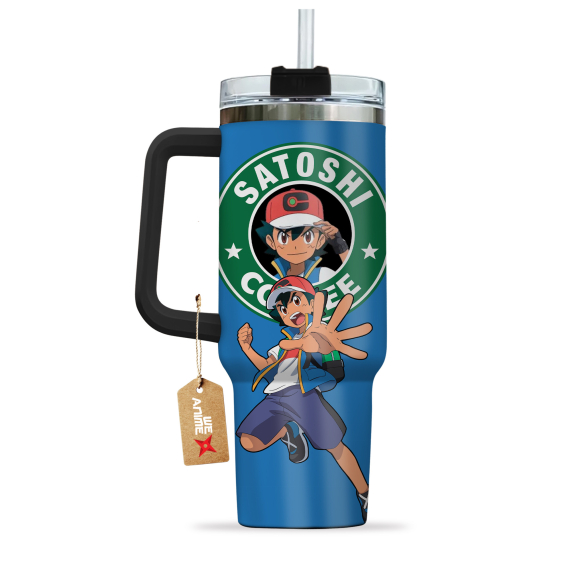 Ash Ketchum Satoshi Coffee Pokemon Anime Custom 30oz or 40oz Quencher Stainless Steel Tumbler With Handle, Best Gift Idea NVA