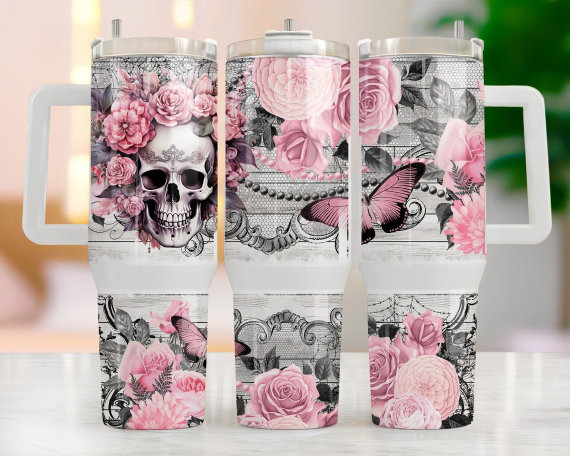 Pastel Pink Skull 30oz or 40oz Tumbler Butterfly Tumbler Quencher Tumbler Gift For Her Him Birthday Gift LN Floral Tumbler With Handle