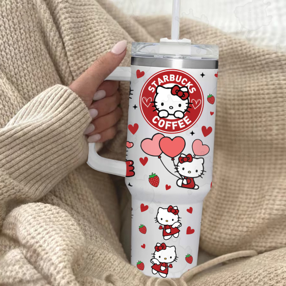 KittyBucks Coffee Valentine 30oz or 40oz Quencher Tumbler, Valentine Cartoon Kitty Love 40oz Tumbler, Pink Cat Tumbler, Valentine Movie, Happy Valentine Day Gift HFN