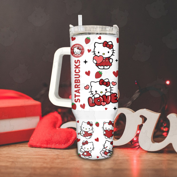 KittyBucks Coffee Valentine 30oz or 40oz Quencher Tumbler, Valentine Cartoon Kitty Love 40oz Tumbler, Pink Cat Tumbler, Valentine Movie, Happy Valentine Day Gift HFN