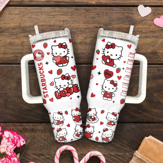 KittyBucks Coffee Valentine 30oz or 40oz Quencher Tumbler, Valentine Cartoon Kitty Love 40oz Tumbler, Pink Cat Tumbler, Valentine Movie, Happy Valentine Day Gift HFN