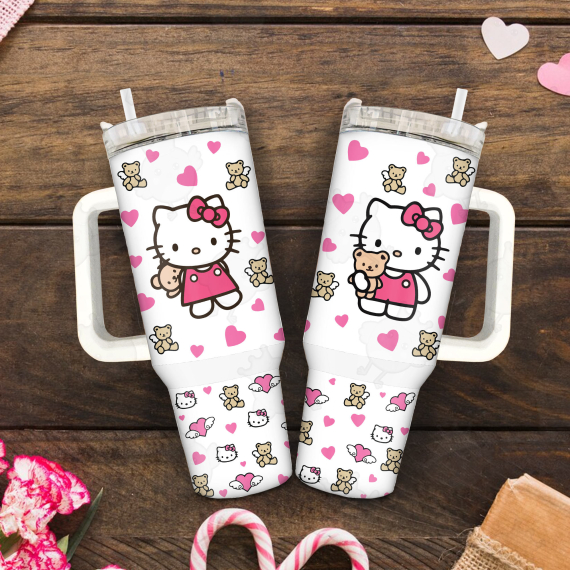 Valentine Cartoon Hello Kitty Teddy 30oz or 40oz Tumbler, Gift Valentine Tumbler, Valentine Movie 40oz Quencher Tumbler Fan Gift HFN