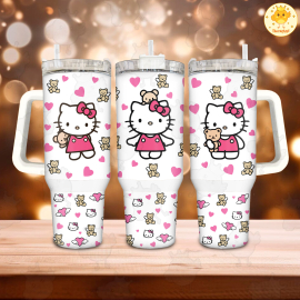 Valentine Cartoon Hello Kitty Teddy 30oz or 40oz Tumbler, Gift Valentine Tumbler, Valentine Movie 40oz Quencher Tumbler Fan Gift HFN