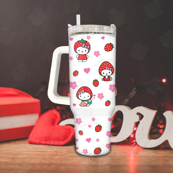 Strawberry Hello Kitty Happy Valentine Day 30oz or 40oz Quencher Tumbler, Valentine Cartoon 40oz Tumbler With Handle, Gift Valentine Tumbler HFN