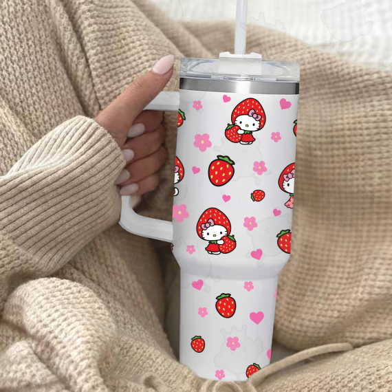 Strawberry Hello Kitty Happy Valentine Day 30oz or 40oz Quencher Tumbler, Valentine Cartoon 40oz Tumbler With Handle, Gift Valentine Tumbler HFN