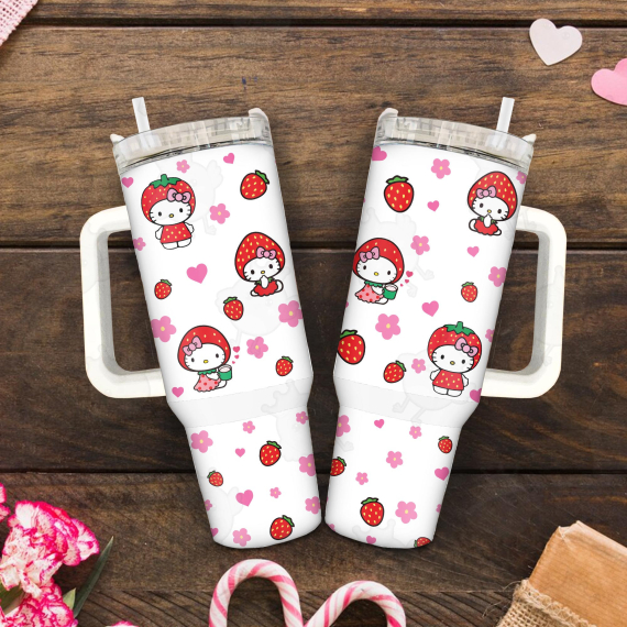 Strawberry Hello Kitty Happy Valentine Day 30oz or 40oz Quencher Tumbler, Valentine Cartoon 40oz Tumbler With Handle, Gift Valentine Tumbler HFN