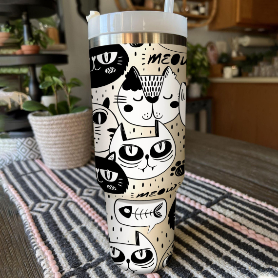 Meow Cat Tumbler 30oz or 40oz With Handle, Cat Pattern 40oz Tumbler, Cat Mom, Cat Lover Tumbler 30oz or 40oz, Stainless Steel Tumbler, Insulated Tumbler HFN