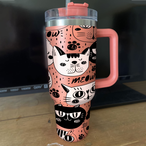 Meow Cat Tumbler 30oz or 40oz With Handle, Cat Pattern 40oz Tumbler, Cat Mom, Cat Lover Tumbler 30oz or 40oz, Stainless Steel Tumbler, Insulated Tumbler HFN