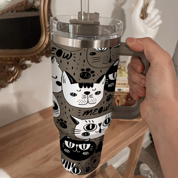 Meow Cat Tumbler 30oz or 40oz With Handle, Cat Pattern 40oz Tumbler, Cat Mom, Cat Lover Tumbler 30oz or 40oz, Stainless Steel Tumbler, Insulated Tumbler HFN