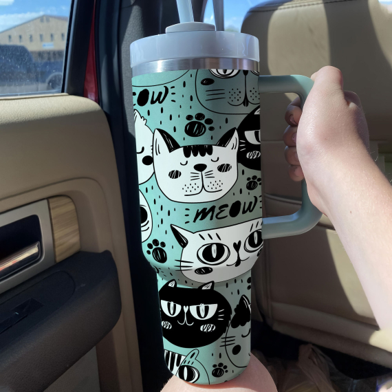 Meow Cat Tumbler 30oz or 40oz With Handle, Cat Pattern 40oz Tumbler, Cat Mom, Cat Lover Tumbler 30oz or 40oz, Stainless Steel Tumbler, Insulated Tumbler HFN