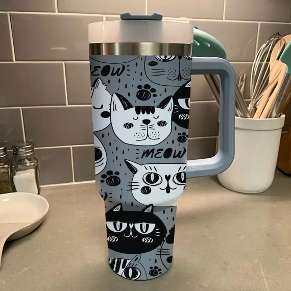 Meow Cat Tumbler 30oz or 40oz With Handle, Cat Pattern 40oz Tumbler, Cat Mom, Cat Lover Tumbler 30oz or 40oz, Stainless Steel Tumbler, Insulated Tumbler HFN